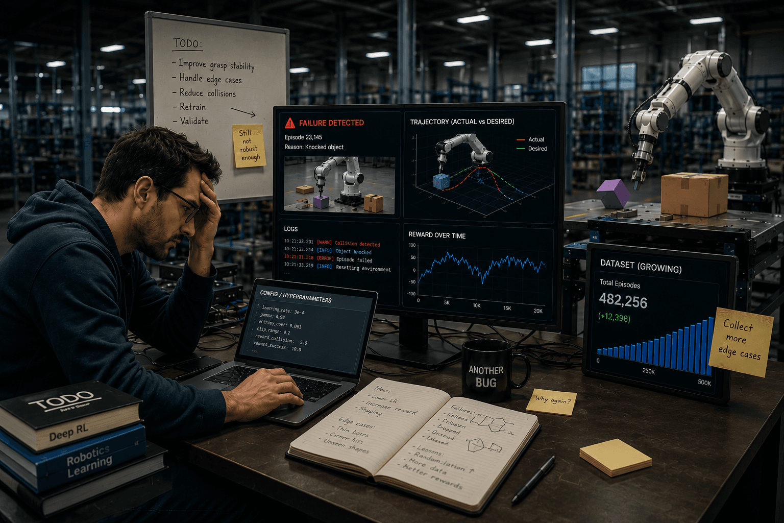 Robotics engineer frustrated after thousands of failed training episodes