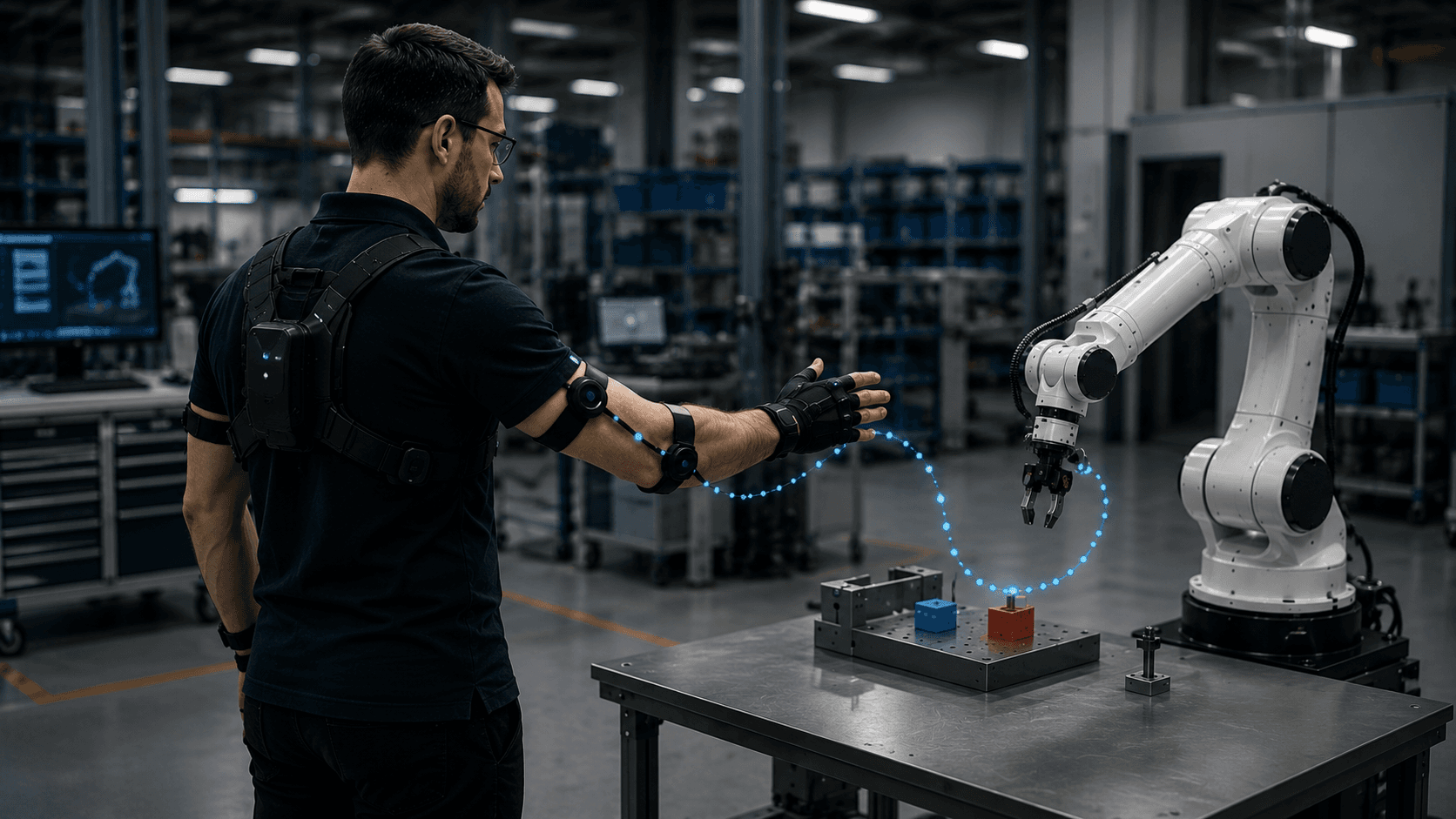 Engineer wearing a motion-capture exoskeleton to demonstrate robot movements