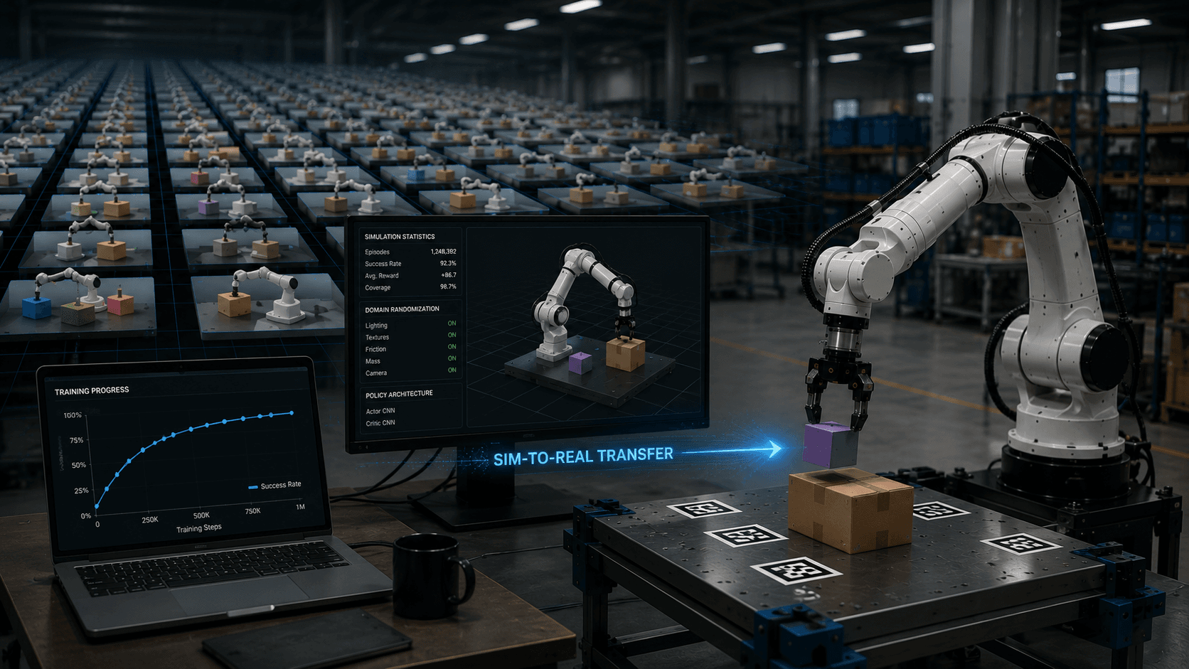 Massive array of simulated robots with sim-to-real transfer visualization