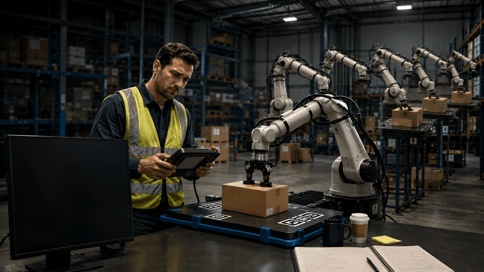 Warehouse engineer manually operating a robot arm with a teach pendant